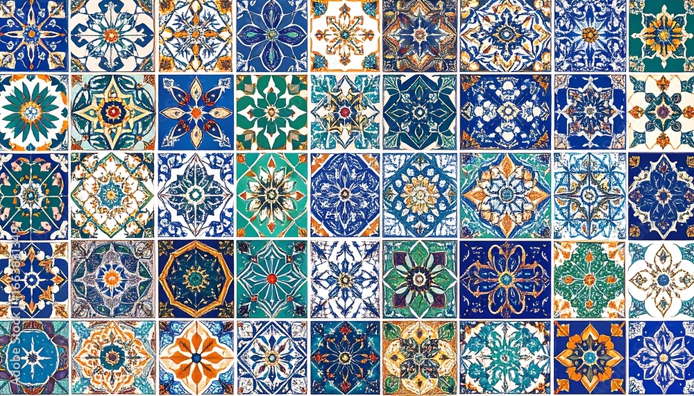 Fototapeta Intricate Geometric Patterns of Colorful Ceramic Tiles in a Repeating Mosaic.