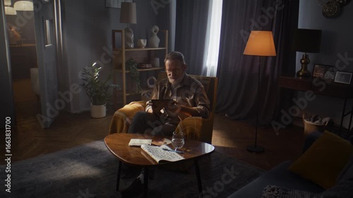 Elderly man gazes at black-and-white photos in half-light room