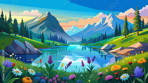 Serene mountain lake reflects clear blue sky, framed by vibrant wildflower meadow glowing in summer light, gentle breeze carries fragrance, timeless harmony whispers softly, nature’s peaceful beauty r