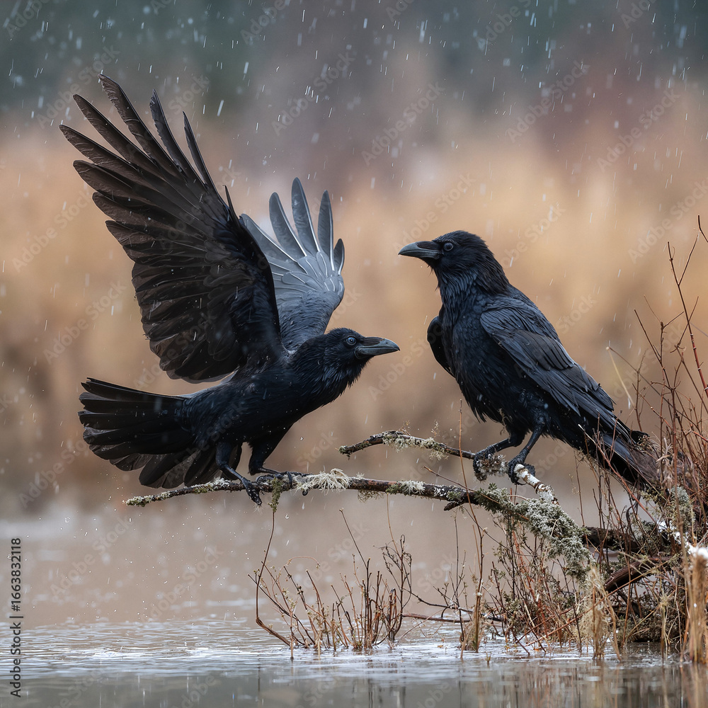 Fototapeta premium Two black ravens interacting on branch near water in rain 