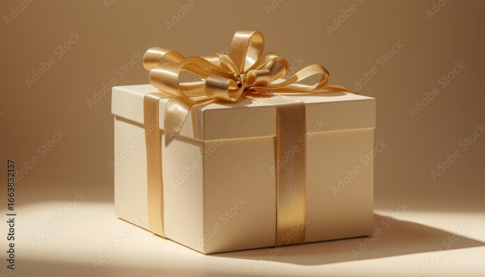 Obraz premium Cream gift box with gold ribbon, realistic style, beige background, gift concept