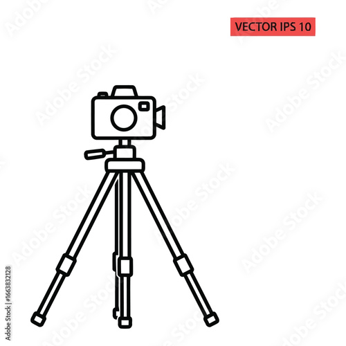Simple outline drawing of a digital camera mounted on a stable tripod for photography and videography silhouette