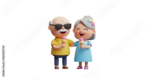 Adorable elderly couple smiling and enjoying ice cream cones together, a heartwarming image of love and happiness perfect for family content
