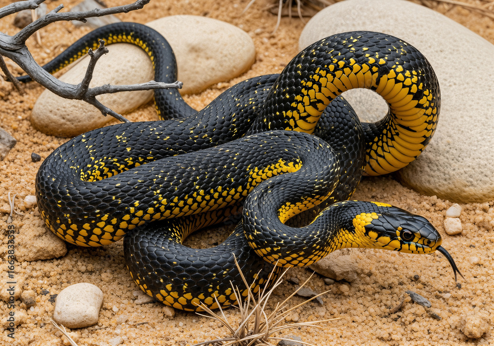Obraz premium The image is a close-up shot of a vividly colored snake, likely a Grass Snake