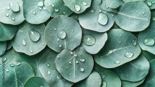 Closeup eucalyptus leaves with water droplets