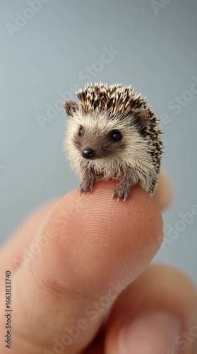 The tiniest, cutest hedgehog in the world, sitting on top of my finger. Hyper-realistic photography.
