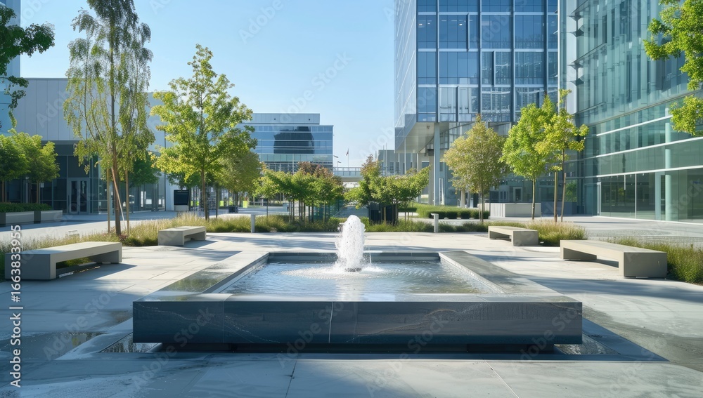 Modern city plaza fountain, sunny day, urban oasis, office buildings background, corporate setting