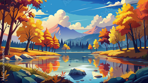 Autumnal splendor glows across serene lake, vivid fall foliage reflected under bright blue sky, golden leaves shimmer warmly, calm waters mirror stillness, timeless scene unfolding gently, breathtakin