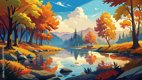 Autumnal splendor glows across serene lake, vivid fall foliage reflected under bright blue sky, golden leaves shimmer warmly, calm waters mirror stillness, timeless scene unfolding gently, breathtakin
