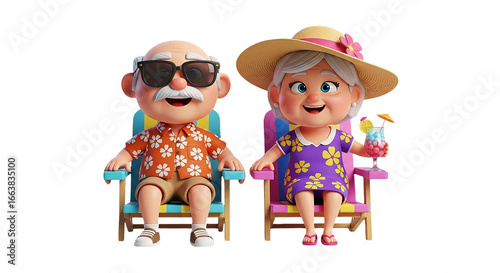 Happy senior couple enjoying tropical vacation with refreshing cocktails, relaxing on beach chairs, embracing retirement, vibrant and joyful leisure time