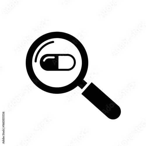 Pharmaceutical Research Icon Magnifying Glass Inspecting Pill  