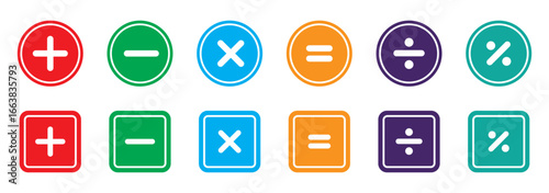 Plus, minus icon set. Add and Subtract Icons. Set of plus and minus symbols in circular and square shapes . math icon. Plus, minus, multiply, math icon. Plus, minus, multiply