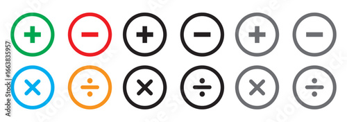 Plus, minus icon set. Add and Subtract Icons. Set of plus and minus symbols in circular and square shapes . math icon. Plus, minus, multiply, math icon. Plus, minus, multiply