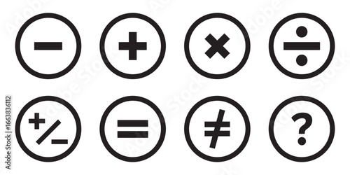 Plus and minus icon set. Math symbol. Plus icon, Minus icon, Multiply icon, Divide icon