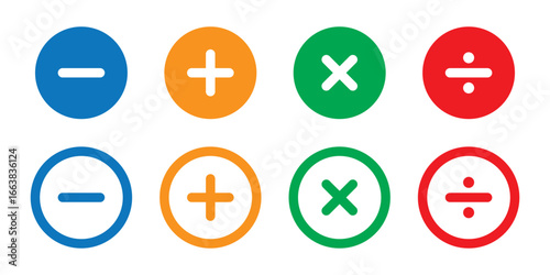 Plus and minus icon set. Math symbol. Plus icon, Minus icon, Multiply icon, Divide icon