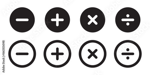 Plus and minus icon set. Math symbol. Plus icon, Minus icon, Multiply icon, Divide icon