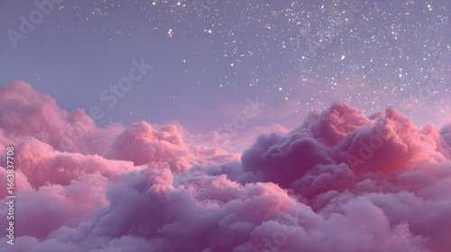 Dreamy pink clouds float under a starry sky, evoking a sense of wonder and tranquility.
