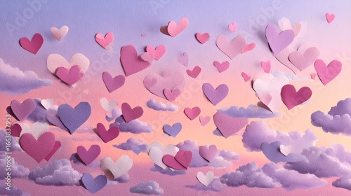 Whimsical paper hearts float dreamily against a soft, pastel sky filled with fluffy clouds.