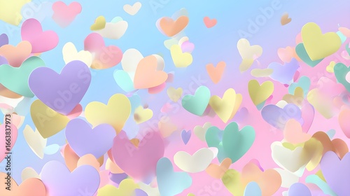 Whimsical pastel hearts float against a dreamy gradient sky, evoking feelings of love and joy.