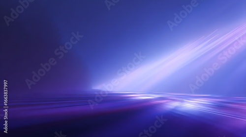 Mysterious blue and purple light beams illuminate a futuristic, abstract landscape.