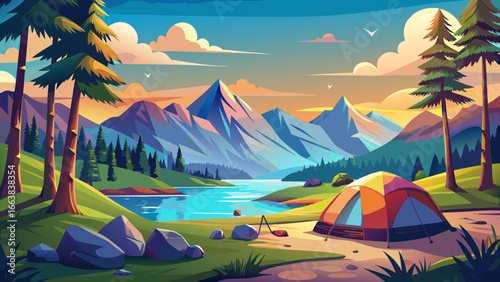Serene camping experience by mountain lake, cozy tent resting under sunny sky, majestic peaks towering beyond, gentle breeze weaving silence, nature’s embrace offering comfort, tranquility flows endle