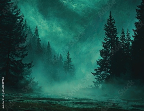 Misty mountain forest river scene, dark teal tones, potential fantasy game background