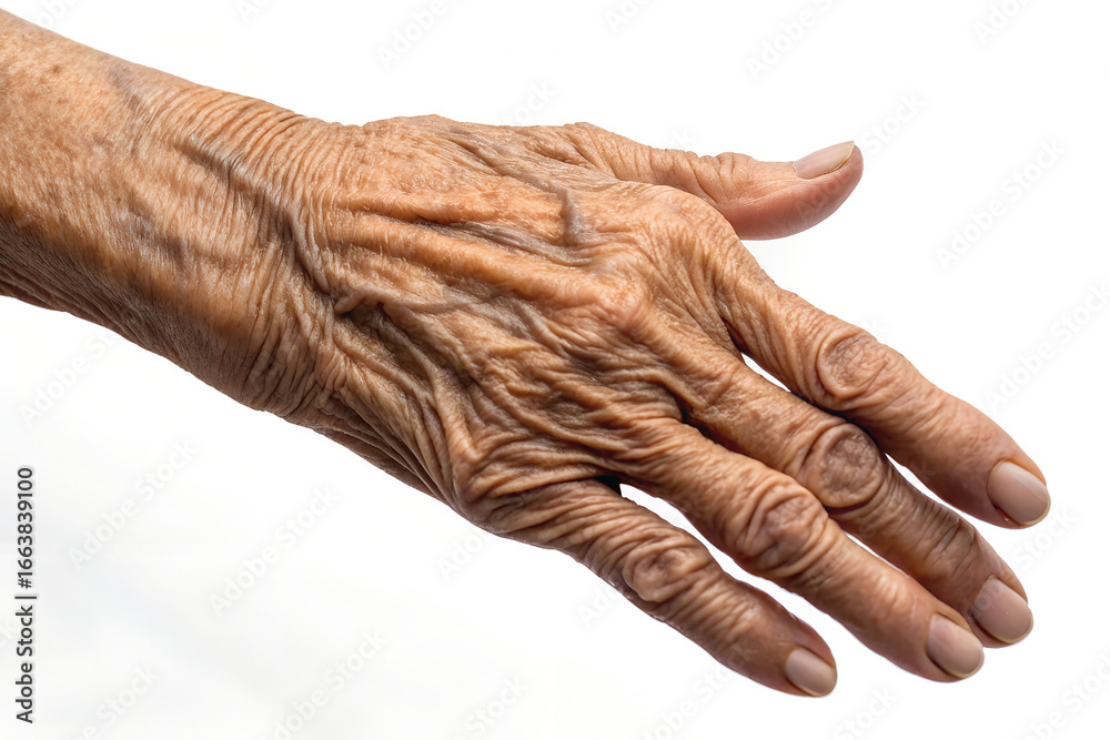Fototapeta premium Elderly woman hand reaching out, knuckles and wrinkles visible, isolated on white background