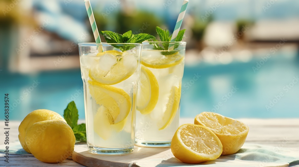 Fototapeta premium Refreshing lemonade glasses with lemons mint and striped straws Refreshment by a pool Perfect for summer days and quenching thirst