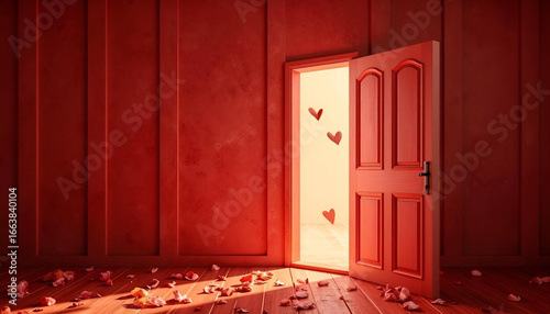 Red door open with heart shapes glowing in a romantic interior  