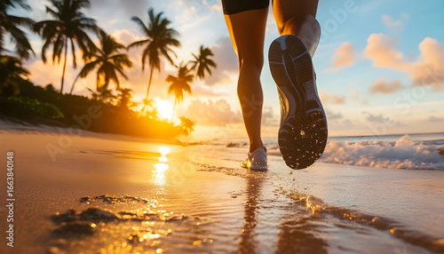 Runner feet hit wet sand on a tropical beach during a vibrant sunrise. Palm trees line the coast as gentle waves lap the shore. Person pursues morning exercise for health, energy, and well-being