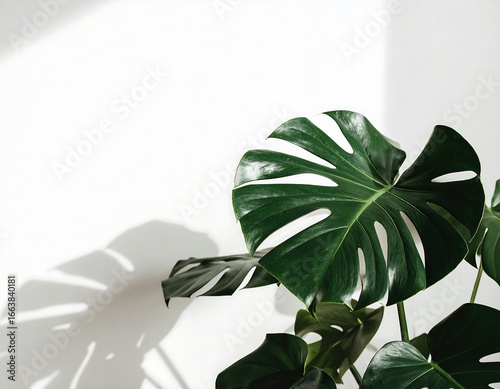 Lush monstera leaves against a white wall