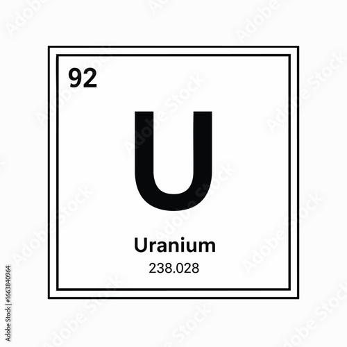 A crisp, black and white graphic illustration of the periodic table element Uranium (U), featuring its atomic number 92 and atomic mass 238. 028