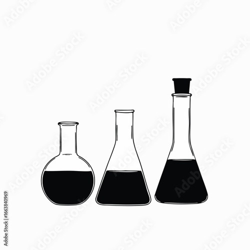 A crisp, minimalist illustration showcases three essential laboratory flasks, each containing a dark liquid, rendered in a striking black and white line art style