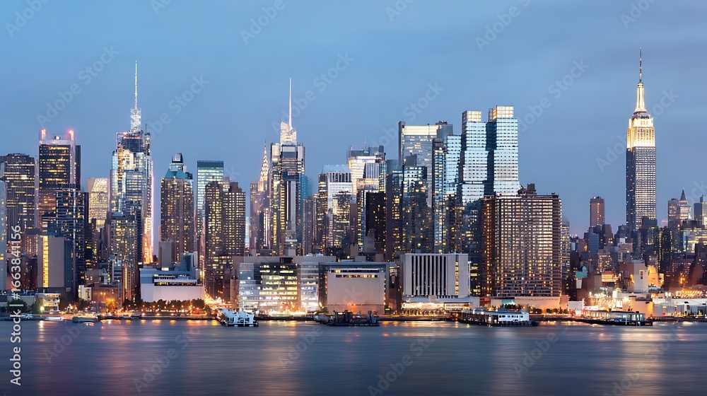 Obraz premium Skyline view of a vibrant city at dusk showcasing a cluster of illuminated skyscrapers against a darkening sky reflected in the waters below