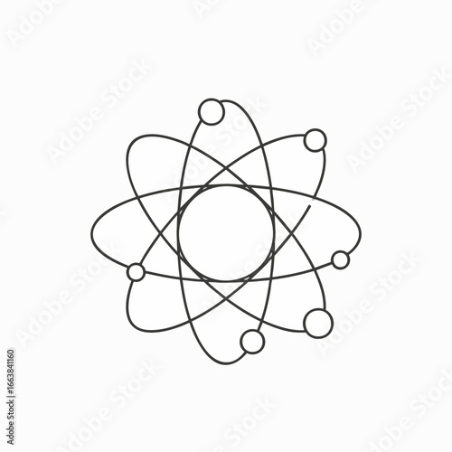 A precise line art icon depicting a stylized atom model with electrons orbiting a central nucleus