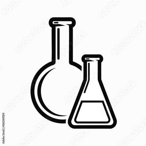 A sleek black and white vector icon depicting essential laboratory glassware: a round-bottom flask and an Erlenmeyer flask with liquid