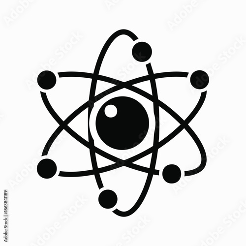 A sleek black and white icon of a classic atom model, featuring a central nucleus and orbiting electrons