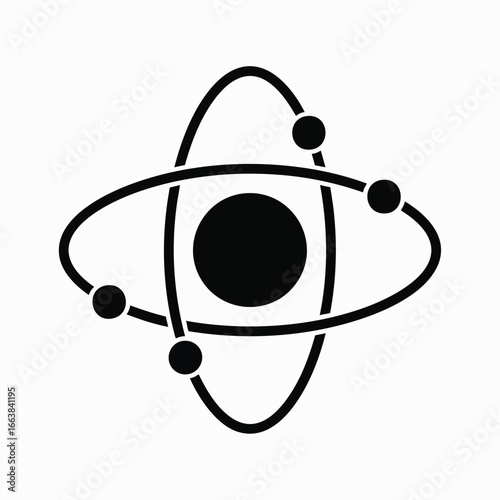 A sleek, minimalist black vector icon on a white background, depicting an atom with its central nucleus and orbiting electrons