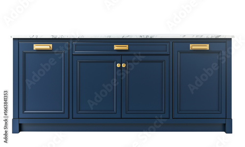 Elegant navy blue kitchen island cabinet with shaker-style doors, brass hardware, and a white marble countertop