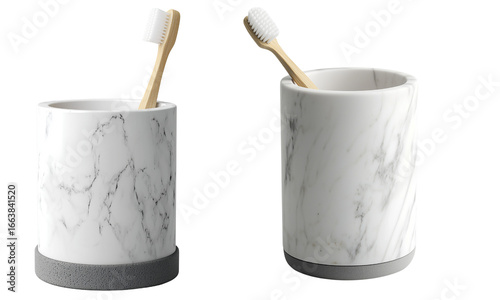 Two marble-patterned toothbrush holders with bamboo toothbrushes, cylindrical design with contrasting bases for a modern bathroom set