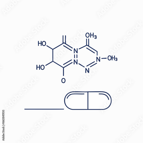 An illustrative representation of a molecule structure and a pill, representing drug development or biotechnology. The image visually communicates the scientific basis of pharmacology and medicine