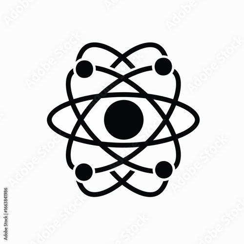 Atom model icon; simple, bold black and white design. Perfect for science, education, biotechnology, and nuclear energy projects