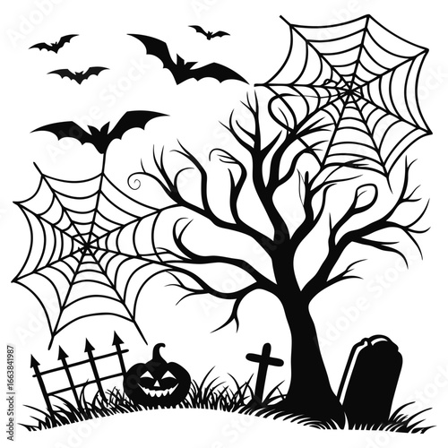 Haunted halloween doodle pack flying bats spooky tree cobwebs jack o lantern tombstone vector