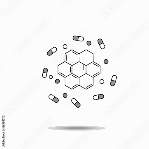 Biotechnology concept: atom-like hexagonal structure surrounded by pills. This minimalist graphic represents pharmaceutical research, medicine, or scientific innovation