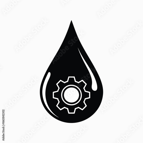 Black vector icon of a liquid drop with a gear. Represents industrial fluids, mechanical engineering, efficiency, resource optimization for resources. Applicable to biotechnology and atomic concepts