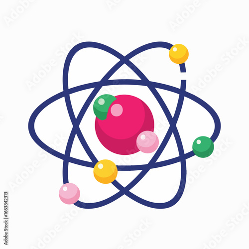 Colorful atom model illustration. Perfect for science, education, and biotechnology concepts. Represents atomic structure, nuclear physics, and subatomic particles