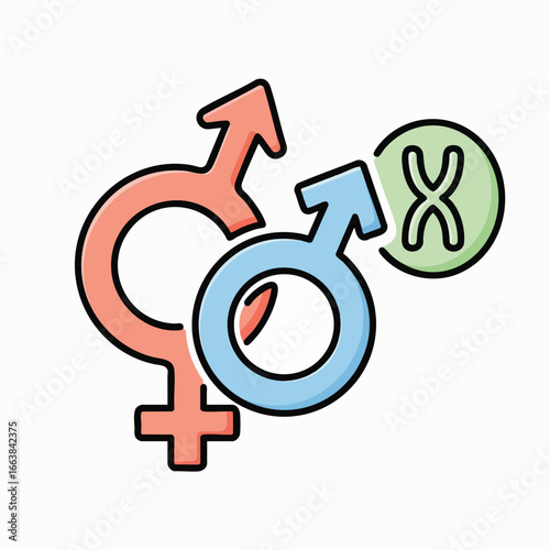 Colorful vector illustration of male and female symbols along with a chromosome, representing concepts of gender, genetics, and biotechnology