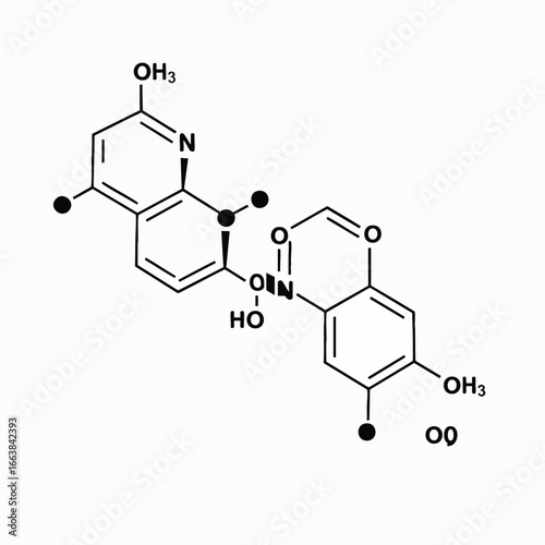 Complex molecule diagram; atom structure illustration. Biotechnology, chemistry, and science concepts