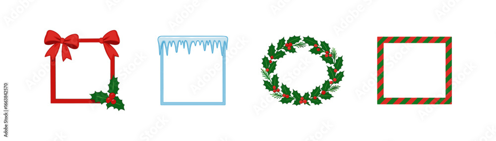 Fototapeta premium Festive holiday frames with red bows, holly wreath, icicles, and candy cane stripes