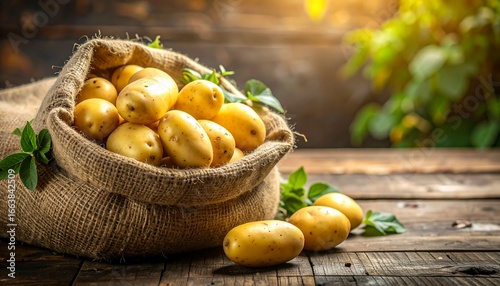 Fresh potatoes in burlap sack